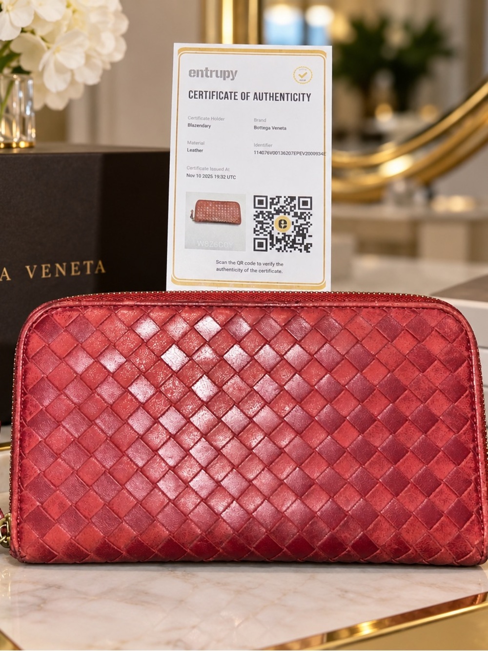 Bottega Veneta Bordeaux Intrecciato long zip around leather wallet